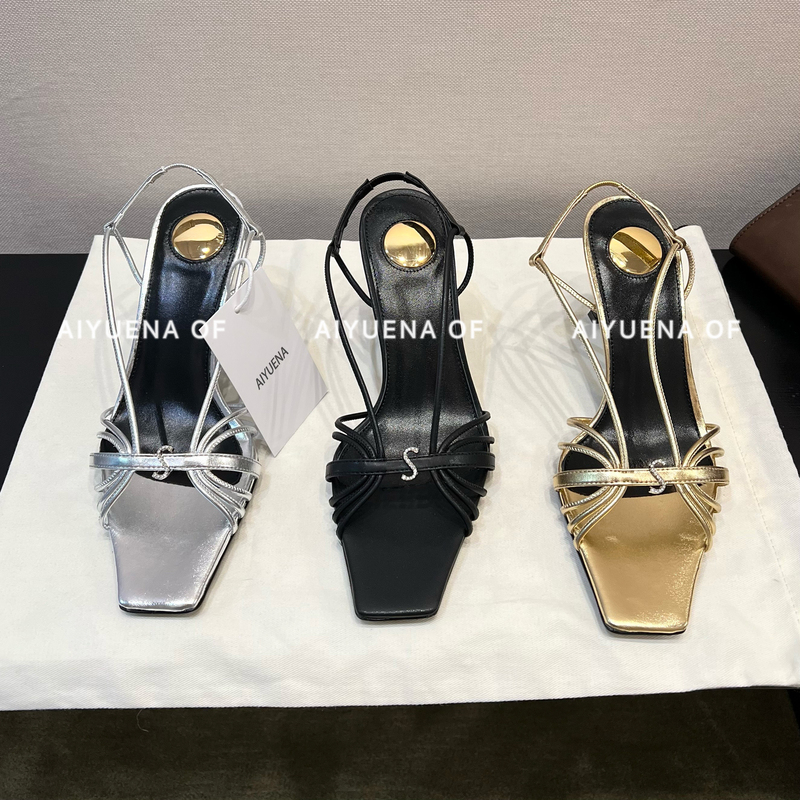 Aiyuena Top-End Version! 26Fw Exquisite and Fashionable Logo Metal Buckle Stiletto High Heels Open-Toe Sandals for Women