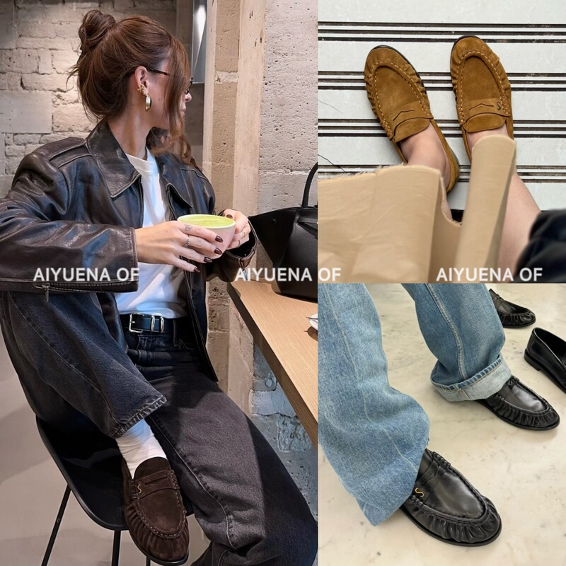Aiyuena Top-Tier Version! Old Money Style Metal Logo Pleated Flat Loafers Slip-On Leather Shoes for Women