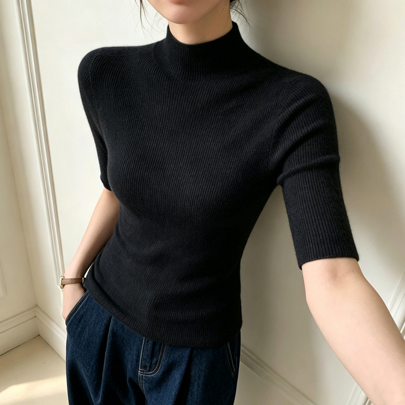 Special Offer~ Half-High Collar, Five-Quarter Sleeve Knit Top for Women, Black, Suitable for Spring and Autumn, Slim Fit, Flattering, Mid-Sleeve Base Layer Special Offer~ Half-High Collar, Five-Quarter Sleeve Knit Top for Women, Black, Suitable for Spring and Autumn, Slim Fit, Flattering, Mid-Sleeve Base Layer