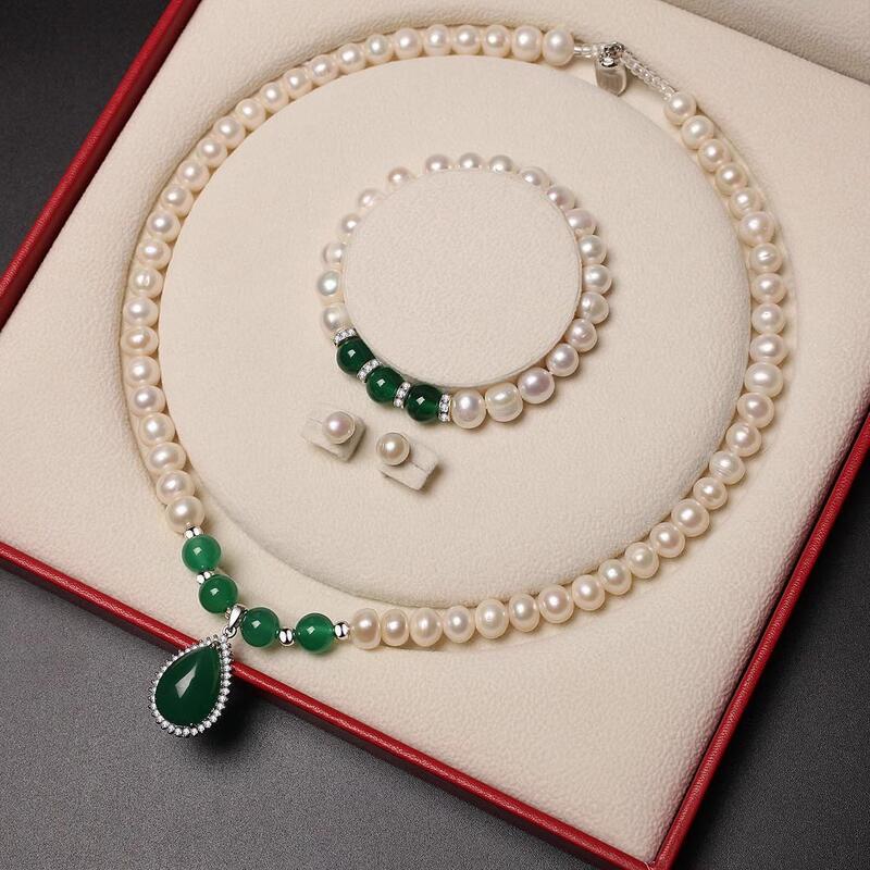 Genuine Natural Freshwater Pearl Necklace for Women, Chalcedony Necklace Jewelry Set for Mother-In-Law, Mother's Holiday Gift Genuine Natural Freshwater Pearl Necklace for Women, Chalcedony Necklace Jewelry Set for Mother-In-Law, Mother's Holiday Gift