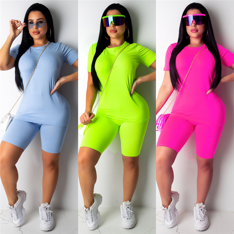 PCS Set Women Sports Suit Neon Top Short Pants Workout Clot