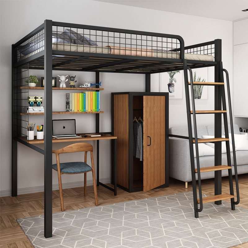 Tiles loft bed modern minimalist double multi-functional iron bed European-style small apartment loft high and low bed