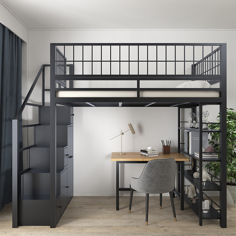 Loft mu small apartment type wrought iron elevated mute with ladder cabinet multi-functional mulch under table simple space iron cabinet single person