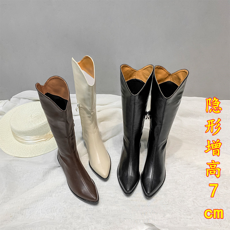 Boots female midway boot however kneecap heightening pointed riding boots western denim boots brown long boots 2021 new