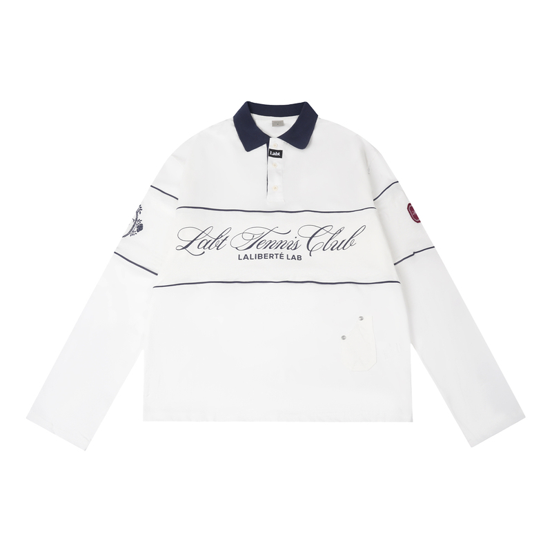 Labt Tennis Series Retro Polo Collar Casual Long T-Shirt Pure Cotton Printed High-Thread-Count High-Density Embroidered Badge Top