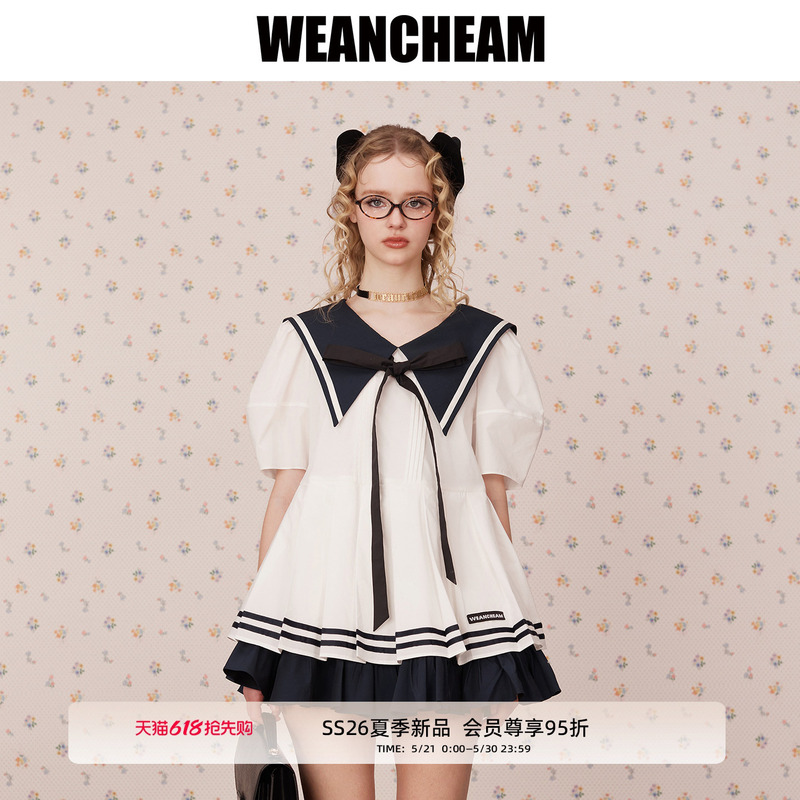 Weancheam/Weimuum 2026 Summer New Color-Block Navy Collar Three-Dimensional Sleeve Tuck Structure Double-Layer Dress