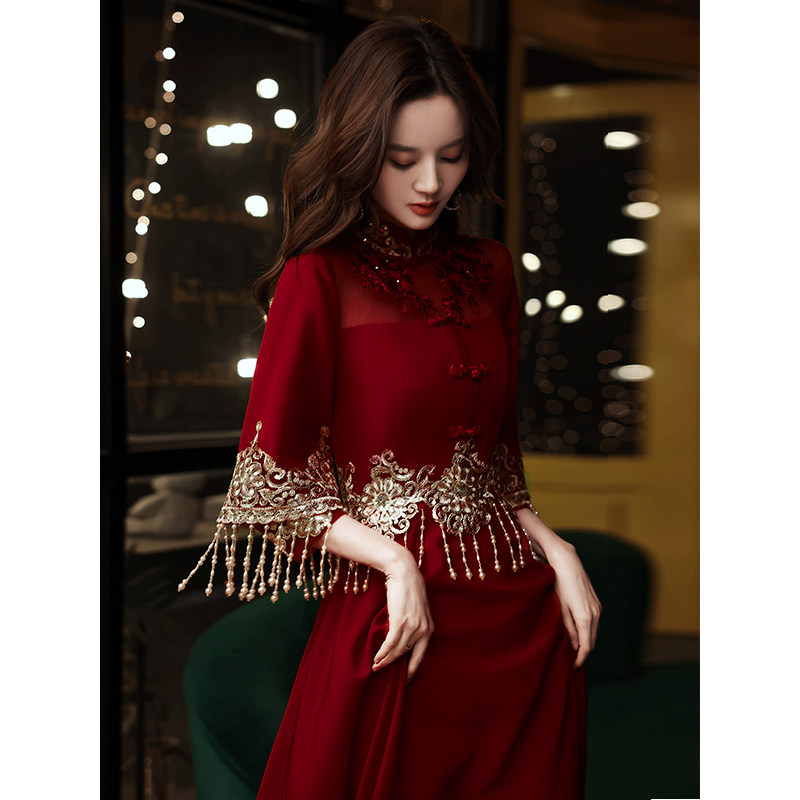Toast brides 2021 new autumn and winter wine red little man Chinese style show clothes wedding engagement dress women