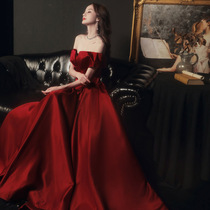 A shoulder toast to the bride 2021 new summer wine red usually can wear engagement dress female temperament high-end