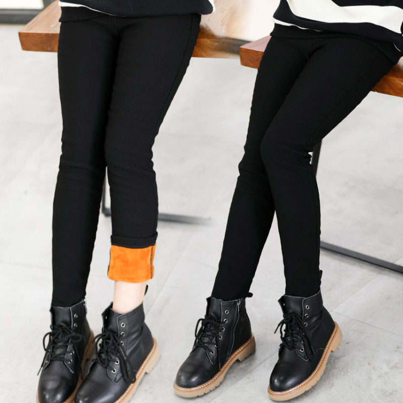 Girl Casual Pants Plus Suede Thickened Autumn Winter New Black Tight Pants Beating Bottom Smoke Pants Big Child Elastic Long Pants