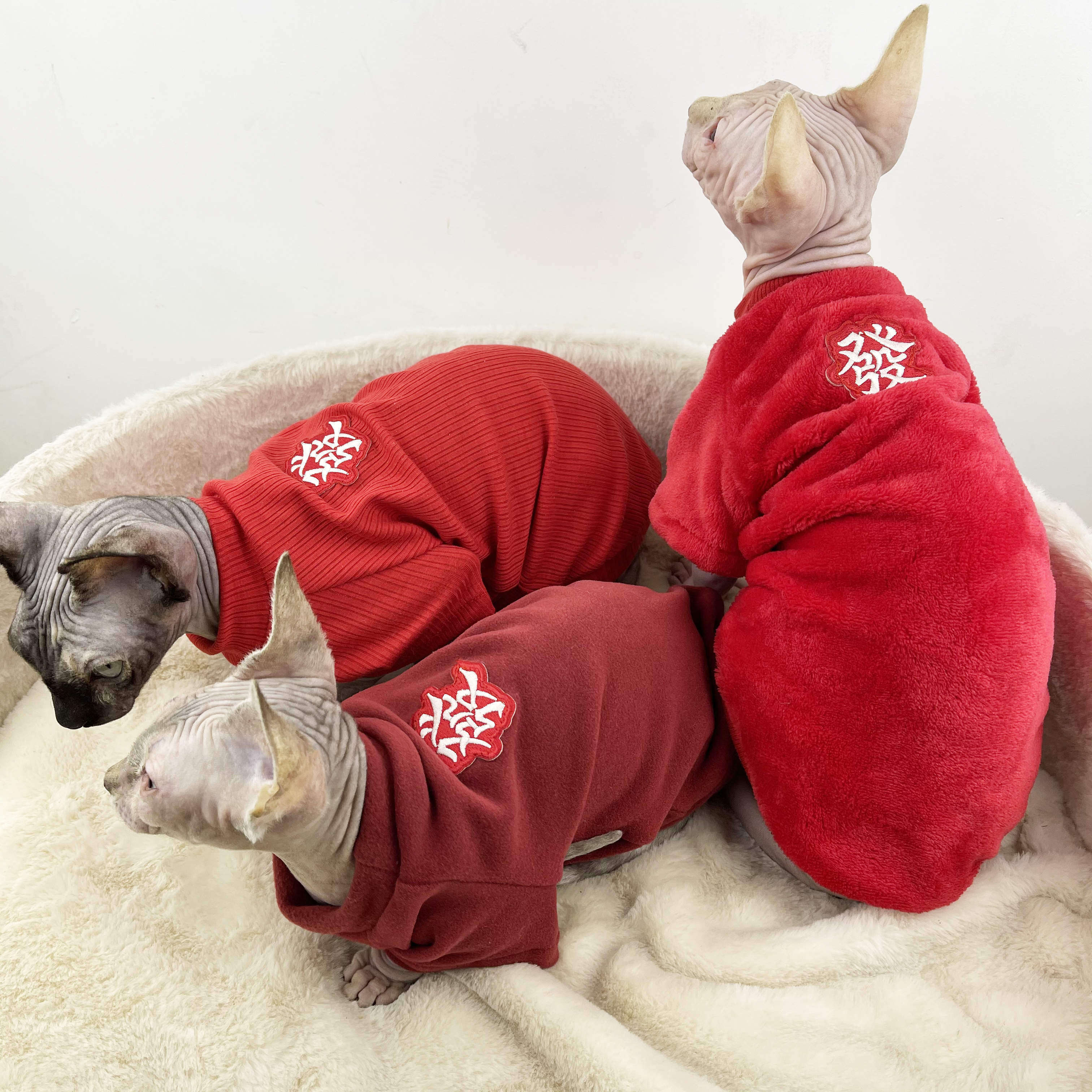 No hairy cat clothes New Year Svenx pure cotton short foot beating bottom clothes autumn and winter plus suede red Chinese New Year cat clothes