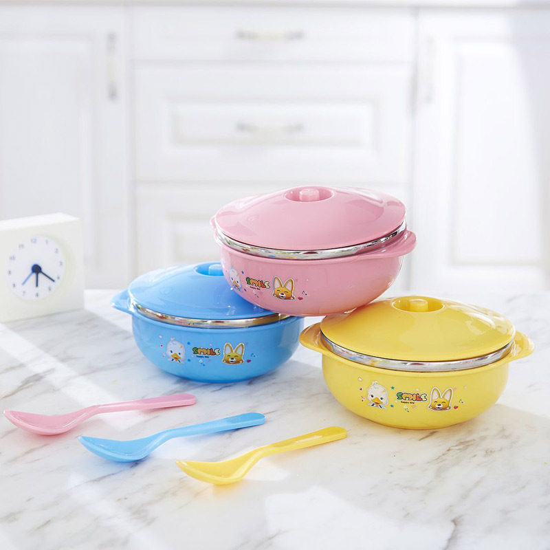 Children's soup bowl Baby 304 stainless steel bowl eating bowl anti-scalding with lid binaural handle Primary school tableware