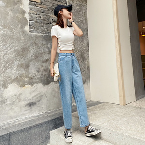 港风高腰牛仔裤女老爹裤