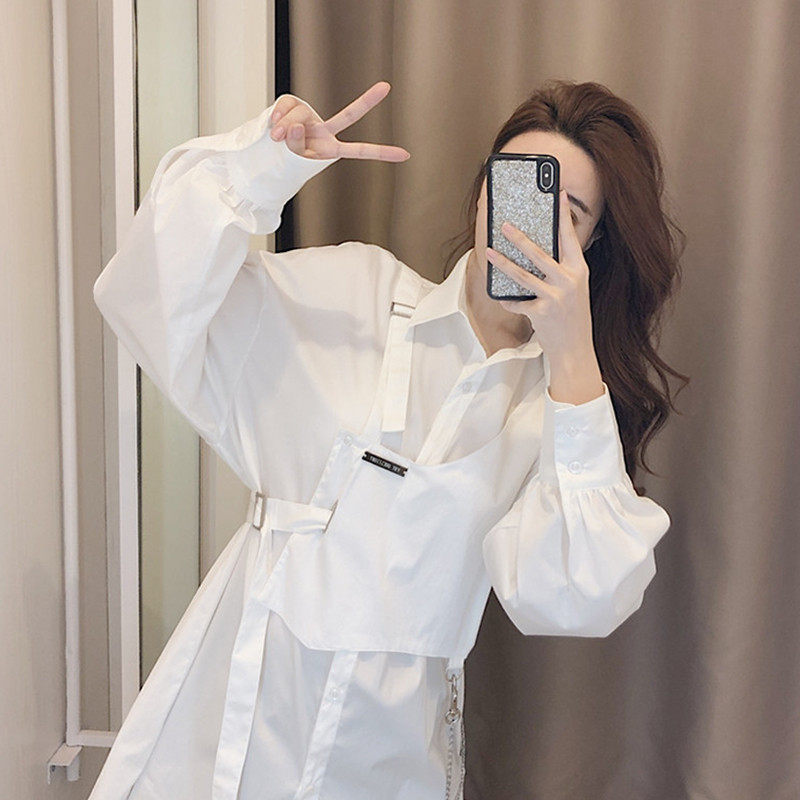 White shirt women's design sense niche spring and autumn 2022 new women's French chic fake two-piece mid-length top