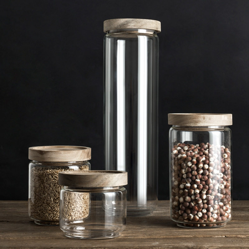 Transparent sealed tank ins net red Acacia wood cover Food grade storage whole grains coffee beans tea storage bottle
