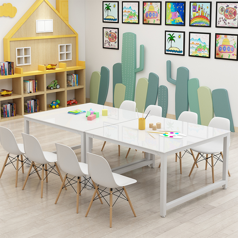Kindergarten Art Table, Children's Painting Table, Student Training Class Desk and Chair, Art Studio Craft Table, Explosion-Proof Tempered Glass
