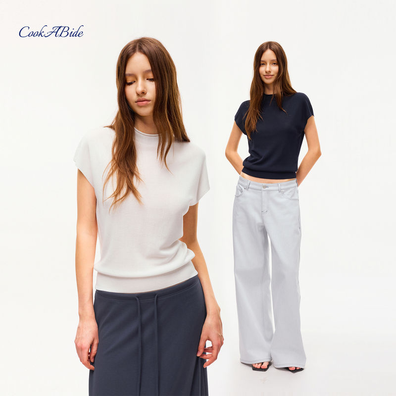 Cookabide Half-Turtleneck Sleeveless Knit Pullover Short-Sleeve Top