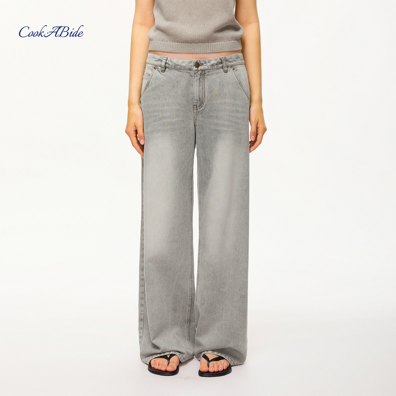 Cookabide Mid-Low Waist Distressed Washed Gray Loose Wide-Leg Jeans