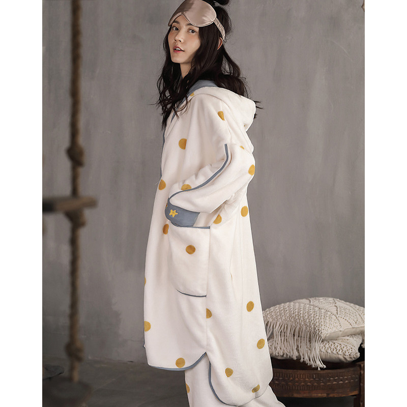 Coral Suede Pajamas Woman Autumn winter paragraph Thickened Flannel Velvet Long Version Sleeping Robe Suit can be worn outside the home or in the home