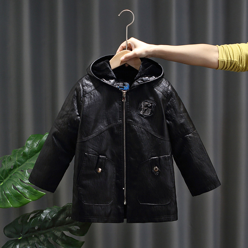 Boys' leather jacket winter clothes 2022 new foreign style children's plush thickened jacket mid-length children's clothing