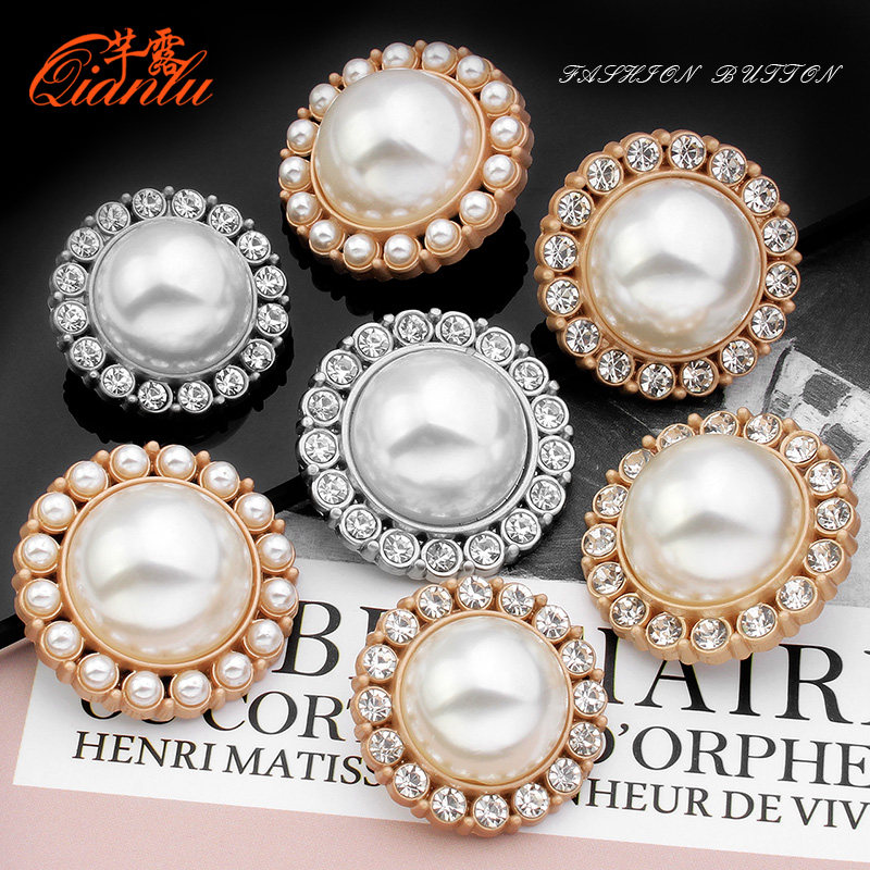 Metal button woolen coat cashmere suit women's all-match pearl small fragrance high-end diamond-studded rhinestone decorative buttons