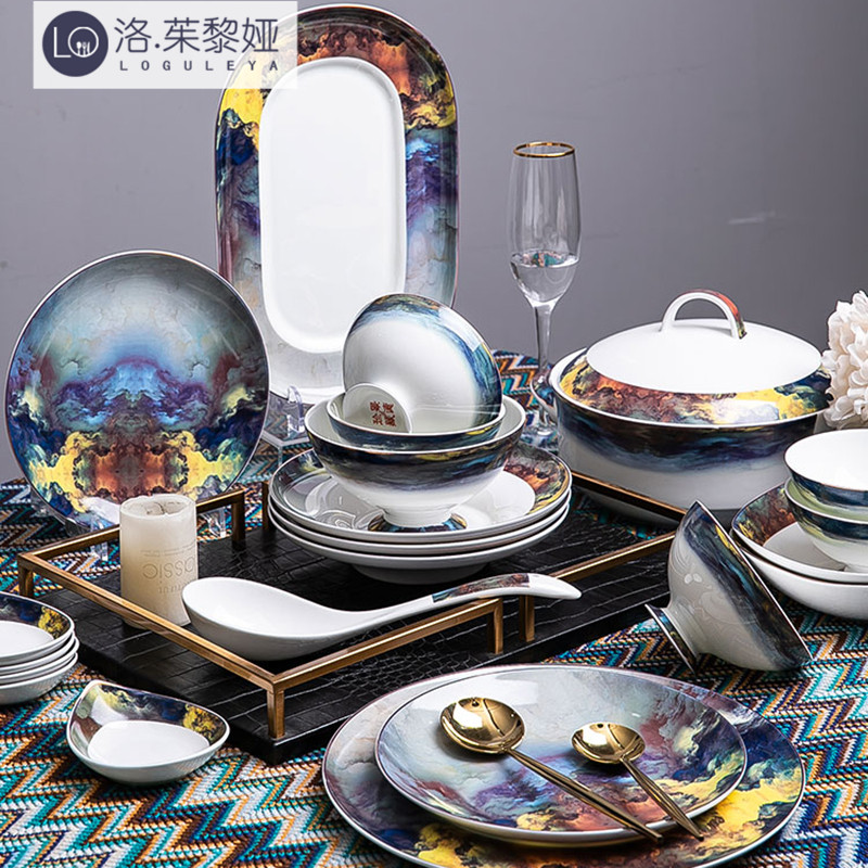 LO GULEYA Jingdezhen Bowl Dish Suit Home Nordic Wind Upscale Bone Porcelain Bowl Tray Cutlery Ceramic Gift Box Dress