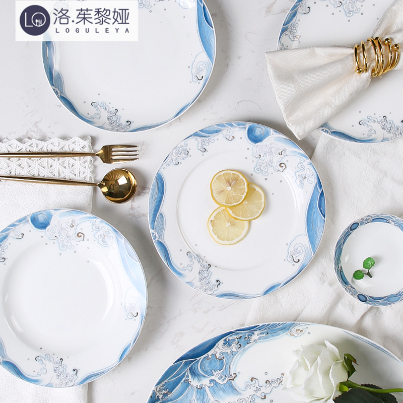 LO GULEYA Chinese ceramic plate household plate creative blue and white porcelain tableware fish plate deep plate soup plate plate