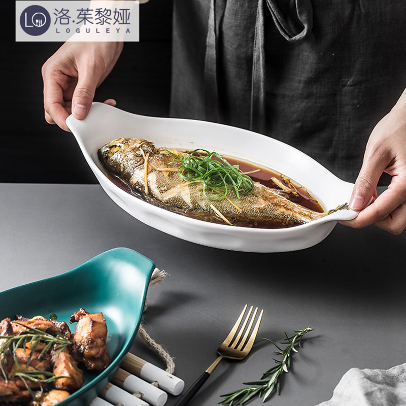LO GULEYA fish dishes Home Steamed Fish Dishes Rectangular Nordic Creative Fish Dish Cutlery Plate Ceramics