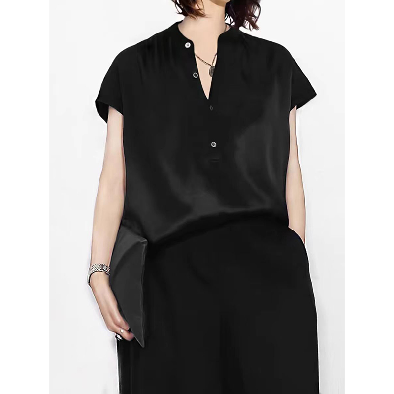 Summer New 2025 Fashion High-End Heavy Silk Stand-Up Collar Loose French Sleeve Casual Black Shirt for Women Summer New 2025 Fashion High-End Heavy Silk Stand-Up Collar Loose French Sleeve Casual Black Shirt for Women