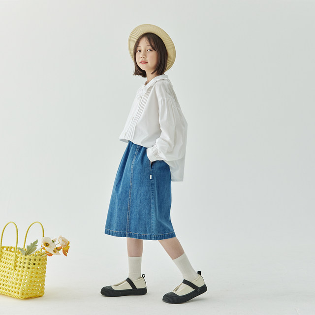 Kechu 2024 ພາກຮຽນ spring ແລະ summer ເດັກຍິງໃຫມ່ຄລາສສິກ denim skirt ພໍ່ແມ່-ເດັກນ້ອຍແບບ retro stitching A-line skirt