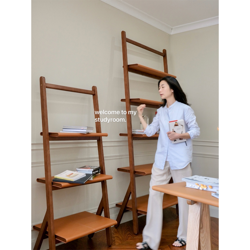 Ruonai Inspired by H. Italian Saddle Leather and Ash Wood Solid Wood Vintage Modular Bookshelf Set