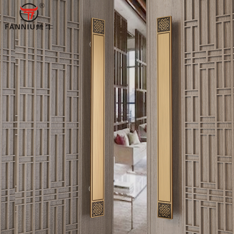 New Chinese push-pull glass door Ancient copper handle clubhouse bag compartment Double switch wooden door pair with handle ballroom Long door handle