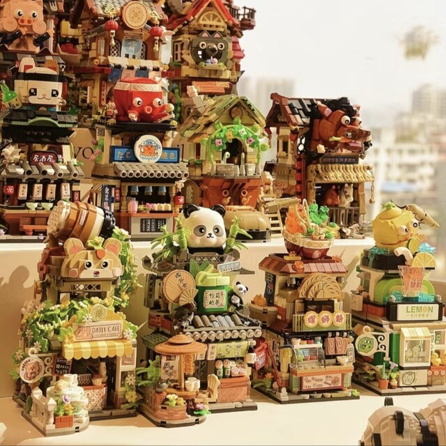Panda Teahouse Folding Street Scene Little Bear Coffee Little Rake Flower Shop Puzzle Assemblage LEGO Wooden Toys Ornaments Gifts