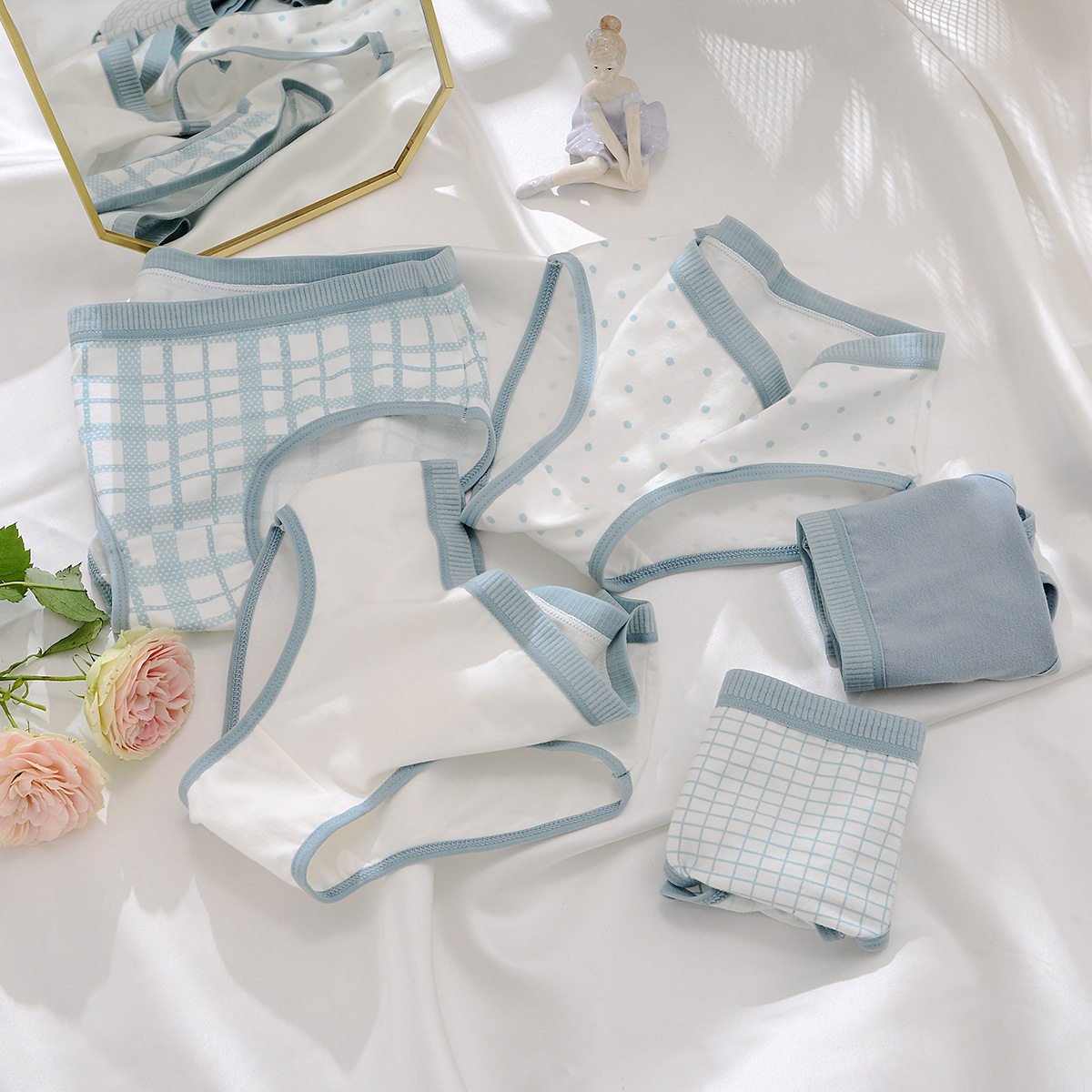 Meow Gray Blue Set Comfortable Breath Girl Student Triangle Trouser Metal Blue Skytie SkyTerminal