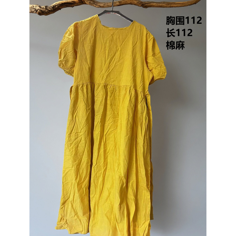 Yellow Cotton and Linen Dress for Women, Summer Loose Fit, Versatile, Casual, Mid-Length, Gentle and Lazy Style