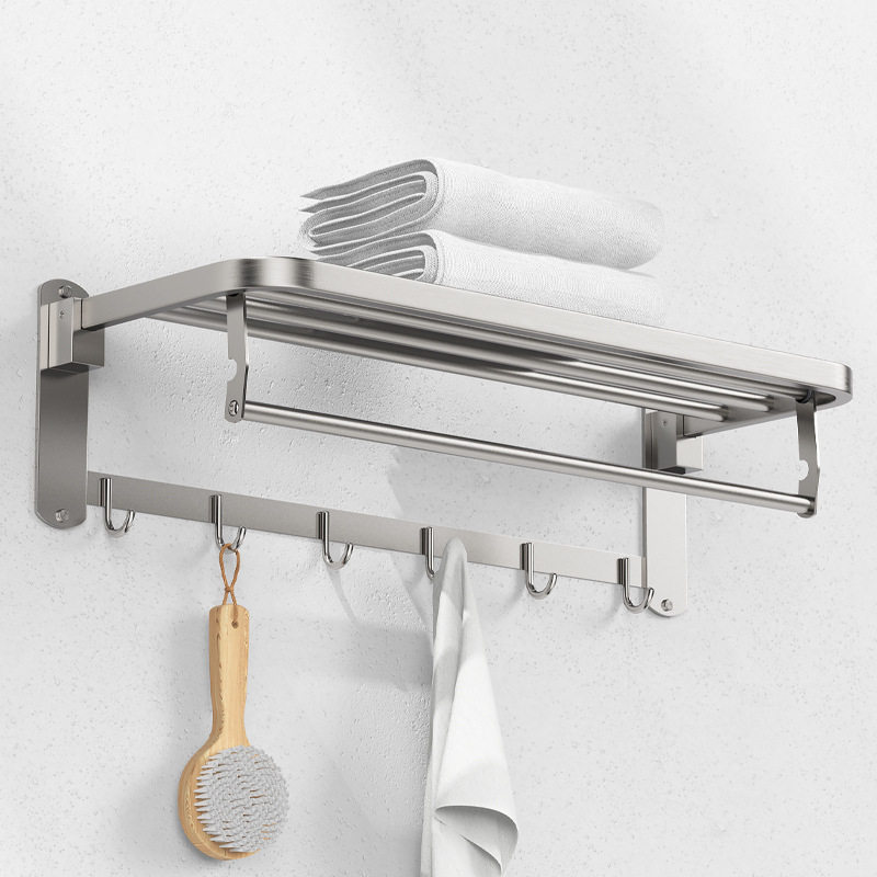 Perforated Bathroom Wool Towel Rack Dressing Room Thickened Stainless Steel Firm Containing Layer Rack Toilet Bath Towels Shelf Hooks