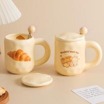 Cute milk fufu mug bread mark cup with cover spoon ins wind girls ceramic coffee breakfast cup office