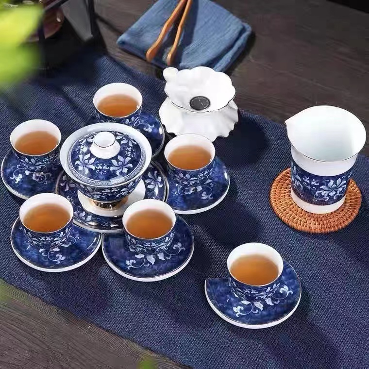 Jingdezhen tea set household office a set of green flower ceramic kung fu cup with cup cup cup high-end gift box