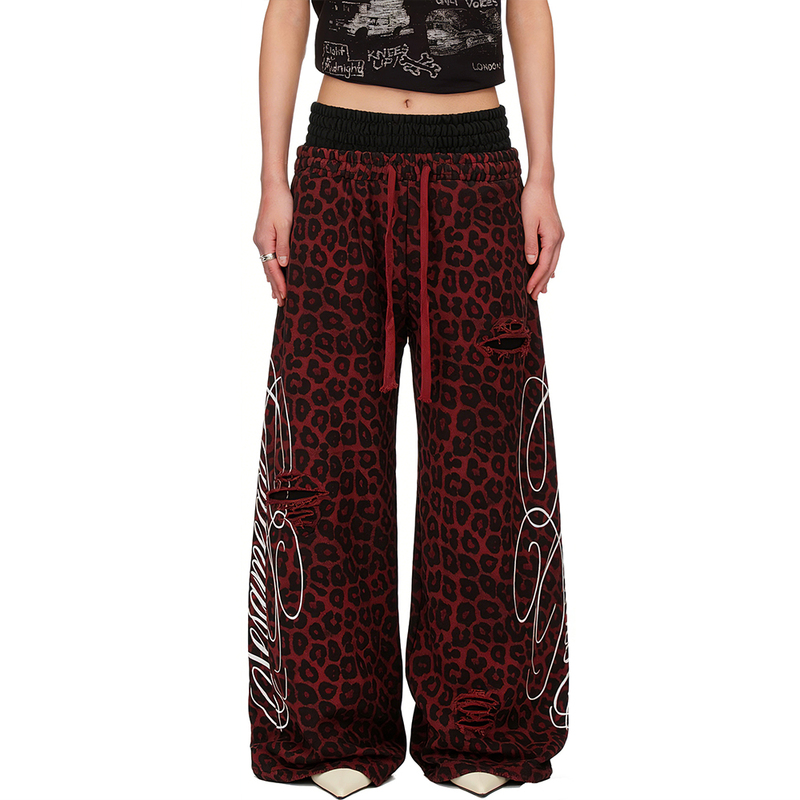 Yungan American-Style Leopard Print Double-Waist Wide-Leg Pants for Women, New Spring Red Pants, Subculture Ripped Casual Long Pants
