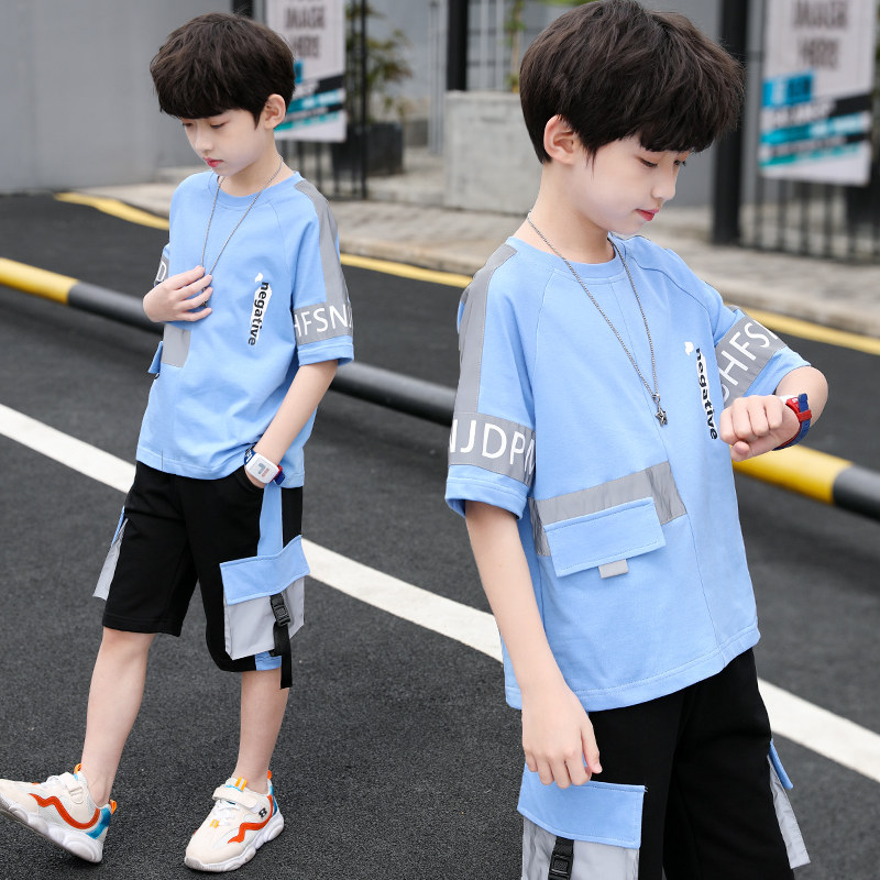 Boys' summer suits 2021 new middle-aged children's short-sleeved loose and casual two-piece net red tide clothes Korean version of the Western style