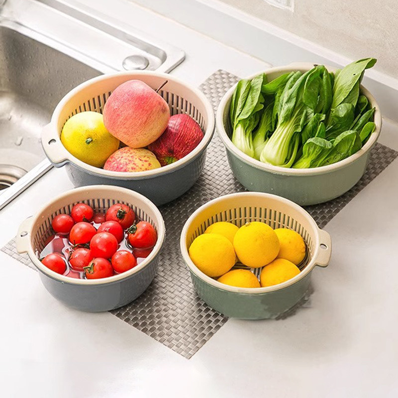 Kitchen Double-Layer Vegetable Washing Basin with Bowl and Chopsticks Draining Basket, Multifunctional Plastic Round Vegetable Washing Basin, Household Vegetable Washing Basket for Fruits