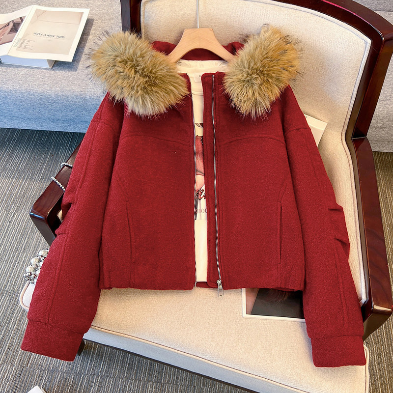 New Year's Red Hooded Woolen Coat with Fur Collar, down Jacket Lining, Women's 2026 Autumn and Winter New Short Coat New Year's Red Hooded Woolen Coat with Fur Collar, down Jacket Lining, Women's 2026 Autumn and Winter New Short Coat