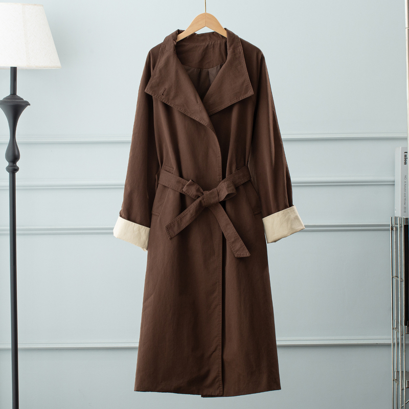 American Retro Brown Coffee-Colored Large Lapel Waist-Cinching Trench Coat for Women, Long Style, 2026 Autumn New Color-Blocking Coat