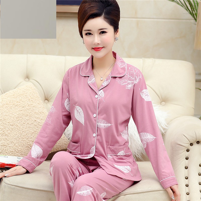 Middle-aged and elderly pajamas women's summer cotton long-sleeved plus fertilizer plus size 200 catties mother loose cotton spring and autumn suit