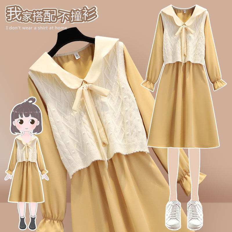 Early Spring Early Autumn Senior Sensation Knit Horse Nail Bubble Sleeve T Shirt Skirt Suit Long Sleeve Tea Hysteria Collar Dress Dolly Collar Dress