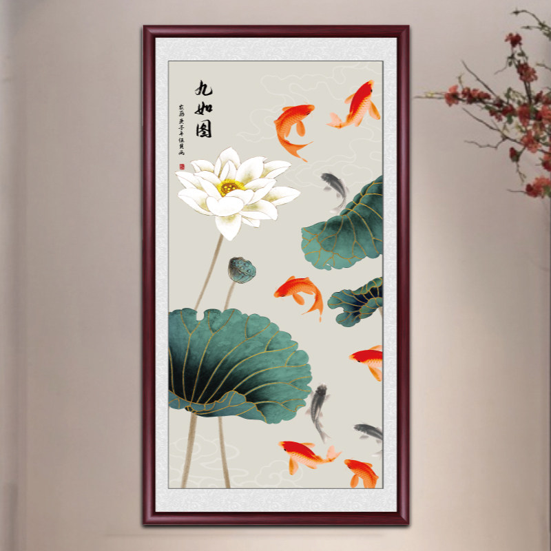 Nine fish drawings into the family aisle End of the house Genguan Decoration Painting Corridor Mural Paintings New Chinese Hung Painting Vertical Prints of the Fortune and Finance