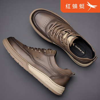2026 Autumn Red Dragonfly Men's Shoes Genuine Leather New Fashion Breathable Sneakers Casual Lace-Up Leather Shoes Men's Work Shoes