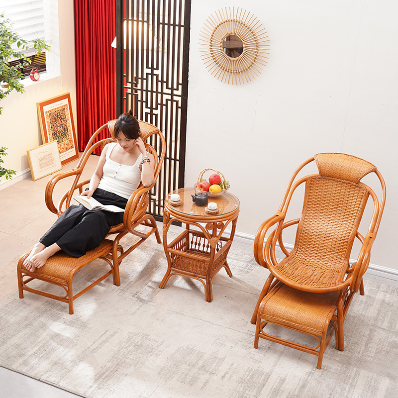 Rattan Chair Three-Piece Set, Elderly Chair, Single-Seat Leisure Balcony Recliner Sofa, Natural Real Rattan Woven Footrest Combination