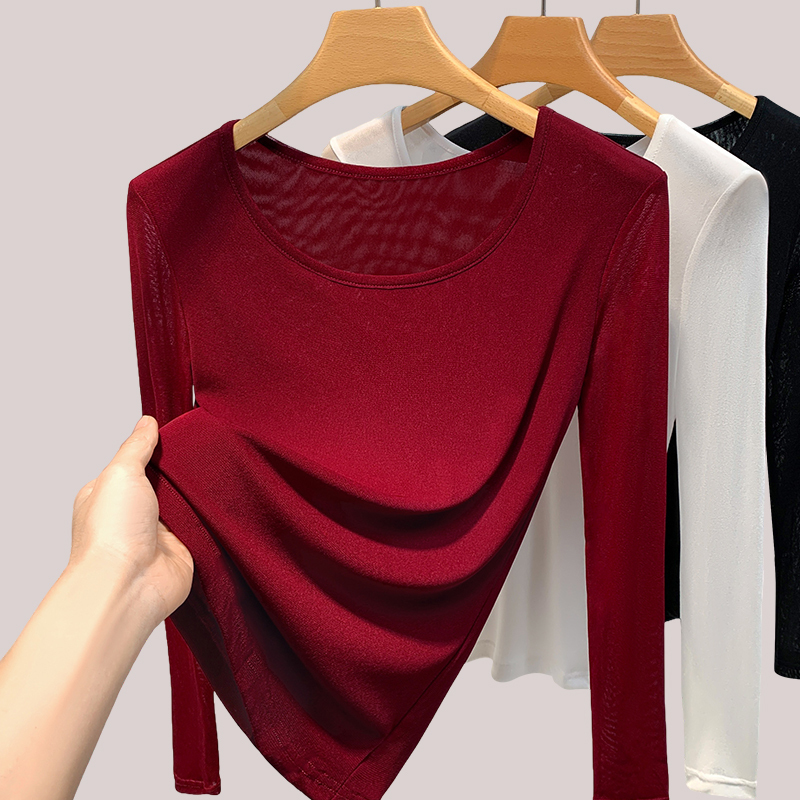 Slim-Fitting Mesh Base Shirt for Women, 2026 New High-End Elegant Style Burgundy Top, Sophisticated Spring and Autumn Style