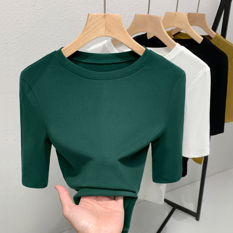 Modal Green Mid-Sleeve T-Shirt for Women 2026 New Round Neck Five-Quarter Sleeve Base Shirt Summer Wear Half-Sleeve Top