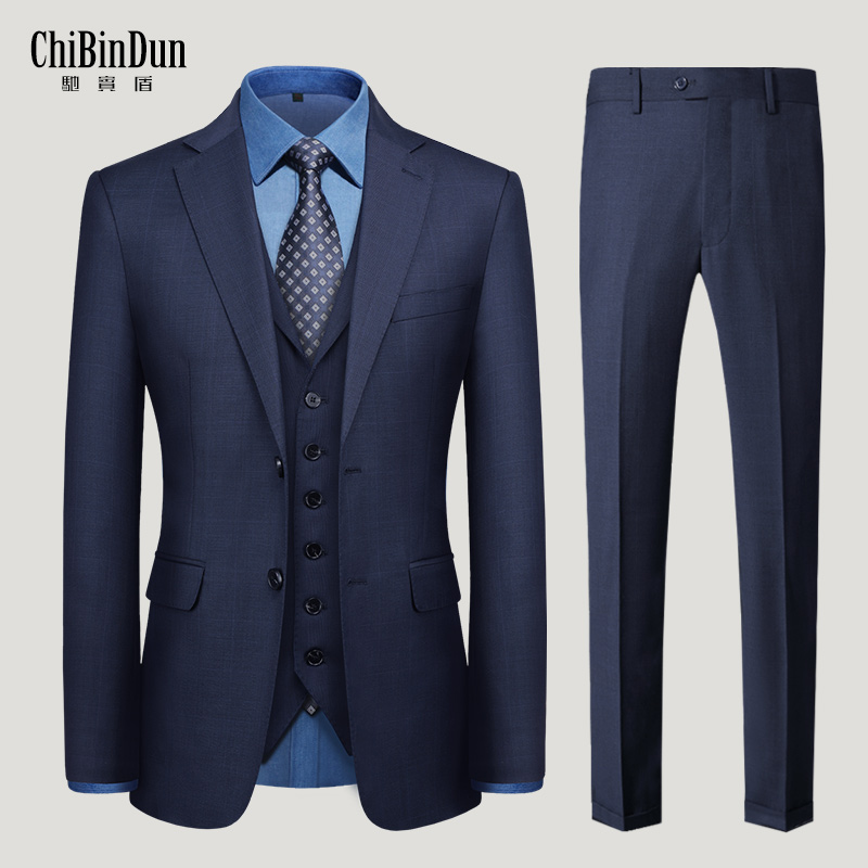 Chibindun wool suit suit men's dark blue Korean version slim business professional dress groom suit three-piece suit